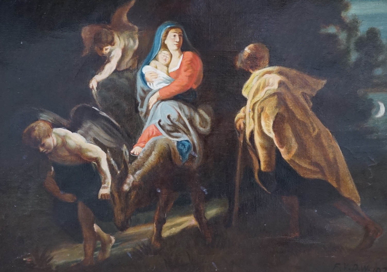 F.V.D.W. after Peter Paul Rubens (Flemish, 1577-1640), oil on canvas, 'The Flight into Egypt', monogrammed and dated 1922, 35 x 49cm, ornate gilt frame. Condition - fair, canvas sagging slightly